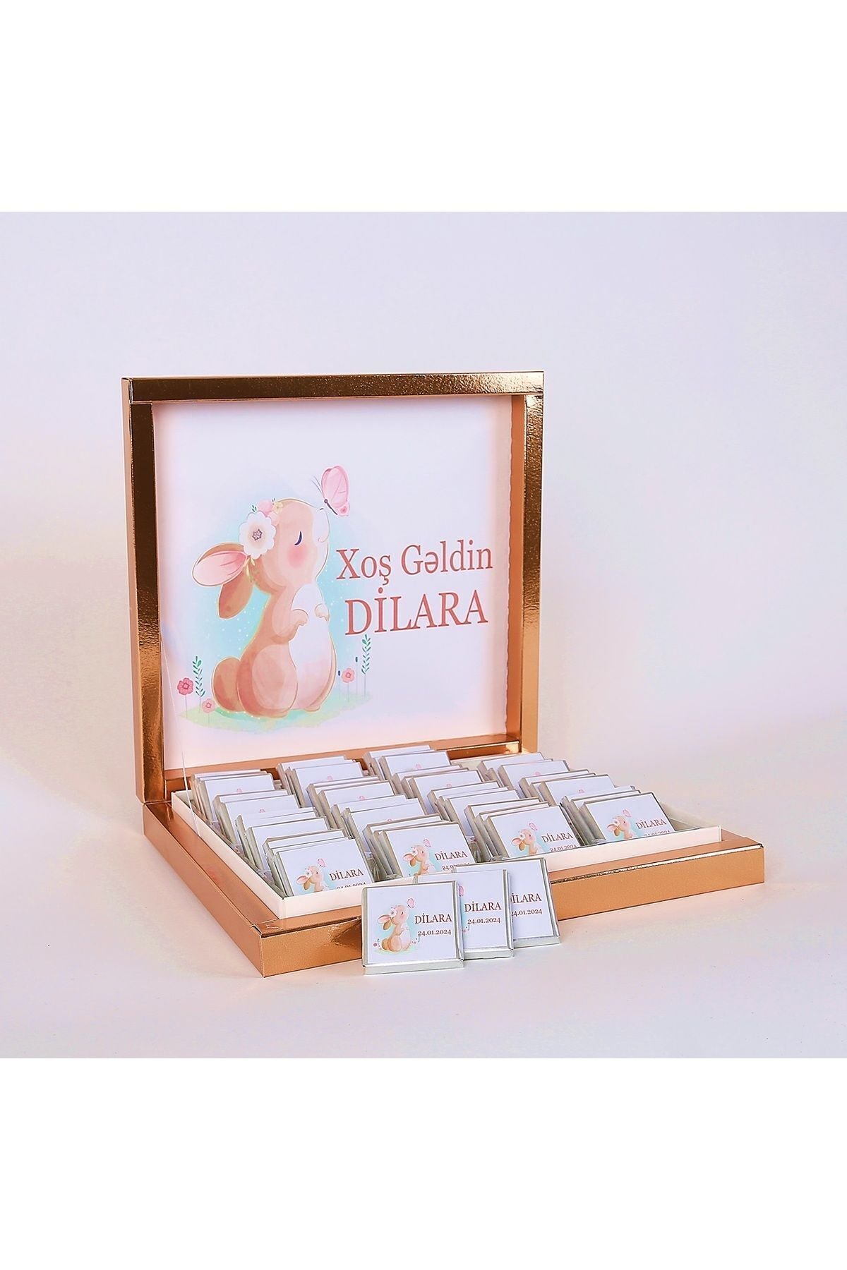 (ELİT ÇİKOLATA) İSME ÖZEL TAVŞANLI KIZ BEBEK ÇİKOLATASI DOĞUM,DOĞUM GÜNÜ,MEVLİD HEDİYELİK İSİMLİ