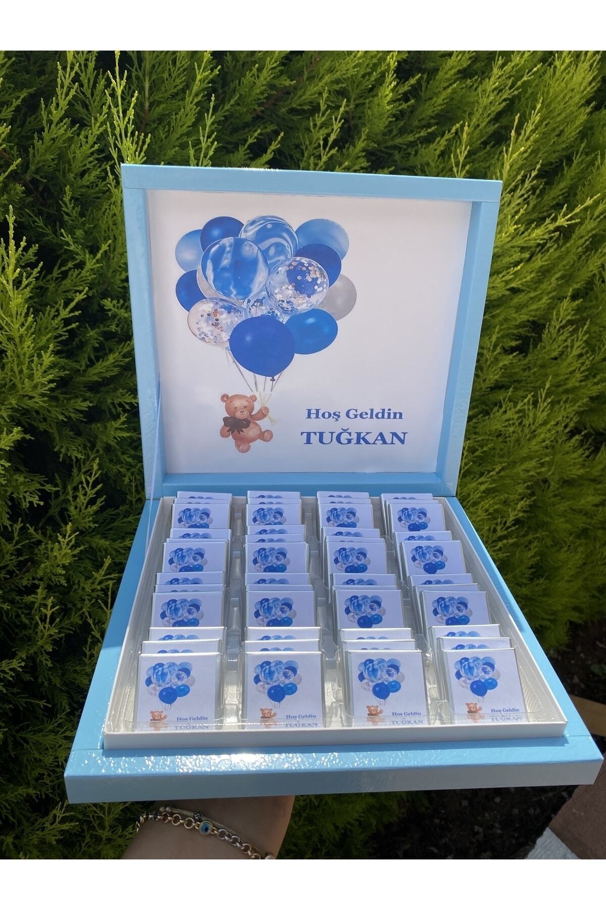 (ELİT ÇİKOLATA) Isimli Erkek Bebek Çikolası Mavi Balonlu 48li Doğum Çikolası Bebek Hediyelik