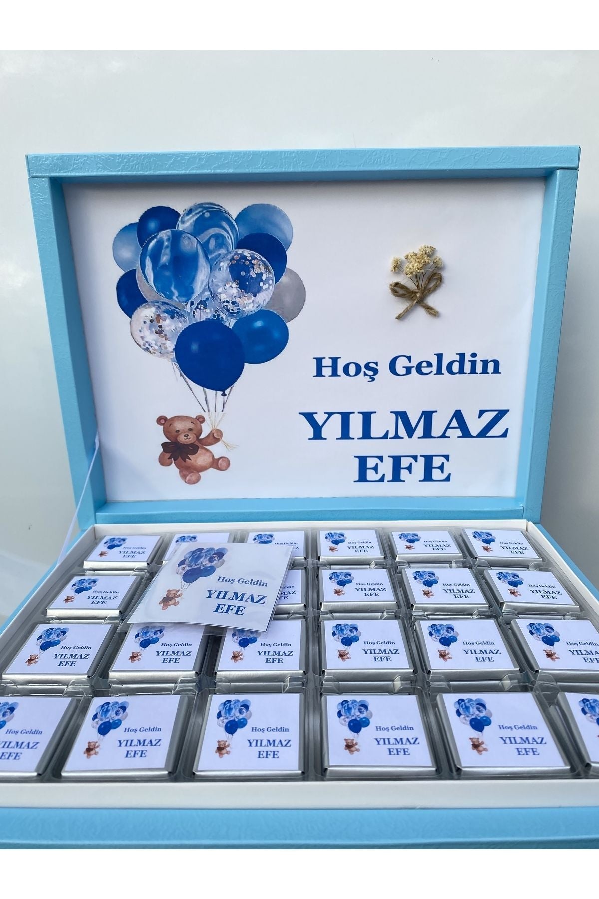 Isme Özel Balonlu (ELİT ÇİKOLATA) mavi Bebek Çikolatası 72li Dogum-yaş Günü-hediyelik Çikolata