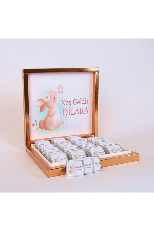 (ELİT ÇİKOLATA) İSME ÖZEL TAVŞANLI KIZ BEBEK ÇİKOLATASI DOĞUM,DOĞUM GÜNÜ,MEVLİD HEDİYELİK İSİMLİ